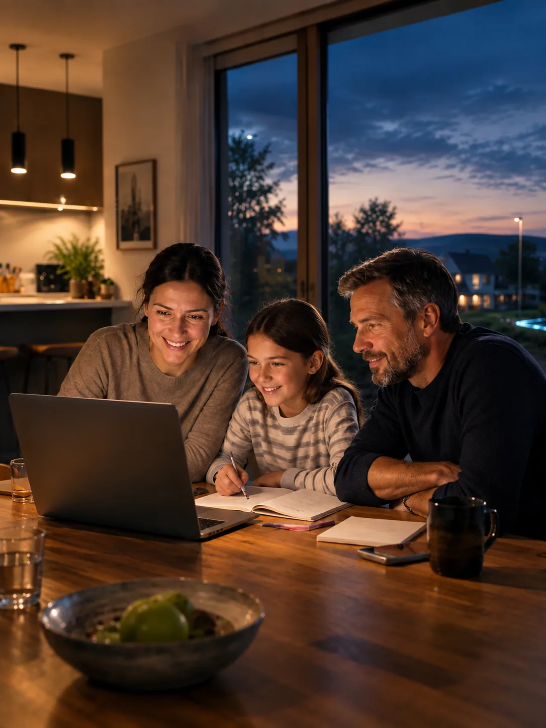 Familie nutzt gemeinsam einen Laptop in ihrem vernetzten Zuhause